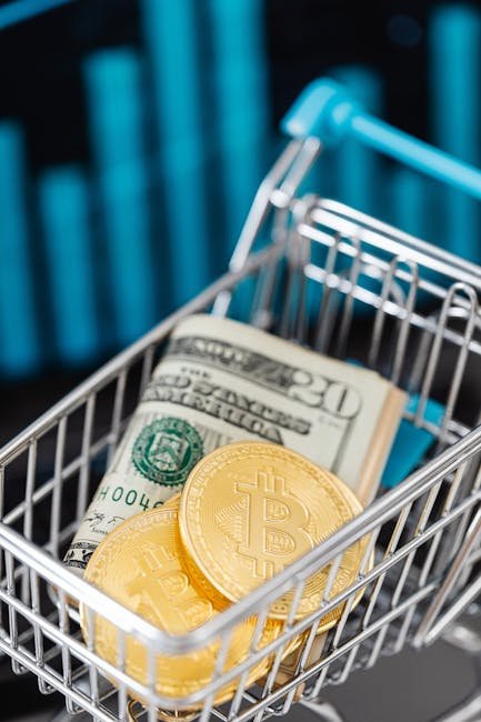 US Cash and Bitcoin in shopping basket